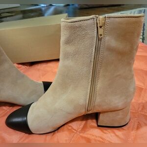 Leather cap toe suede Steve Madden Eiffel bootie Camel suede with black toe cap